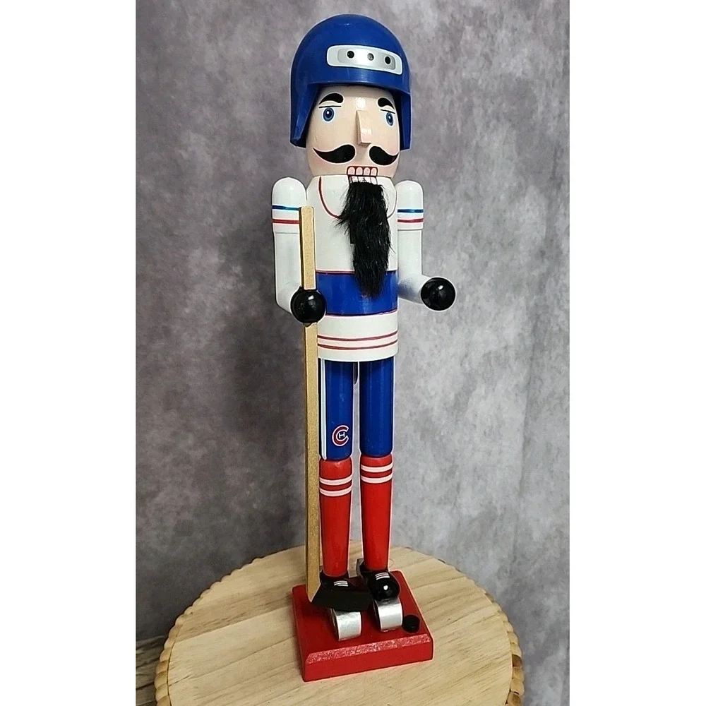 Hockey Player Nutcracker Puck Stick Red Blue White Wood Christmas 16